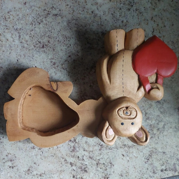 Wooden handmade carved teddy bear Holding a heart trinket box! Valentines Day - Picture 3 of 5